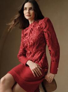 Anewsta Elegante vestido cheongsam ajustado y encantador con parche de encaje - Burdeos - Ver 6