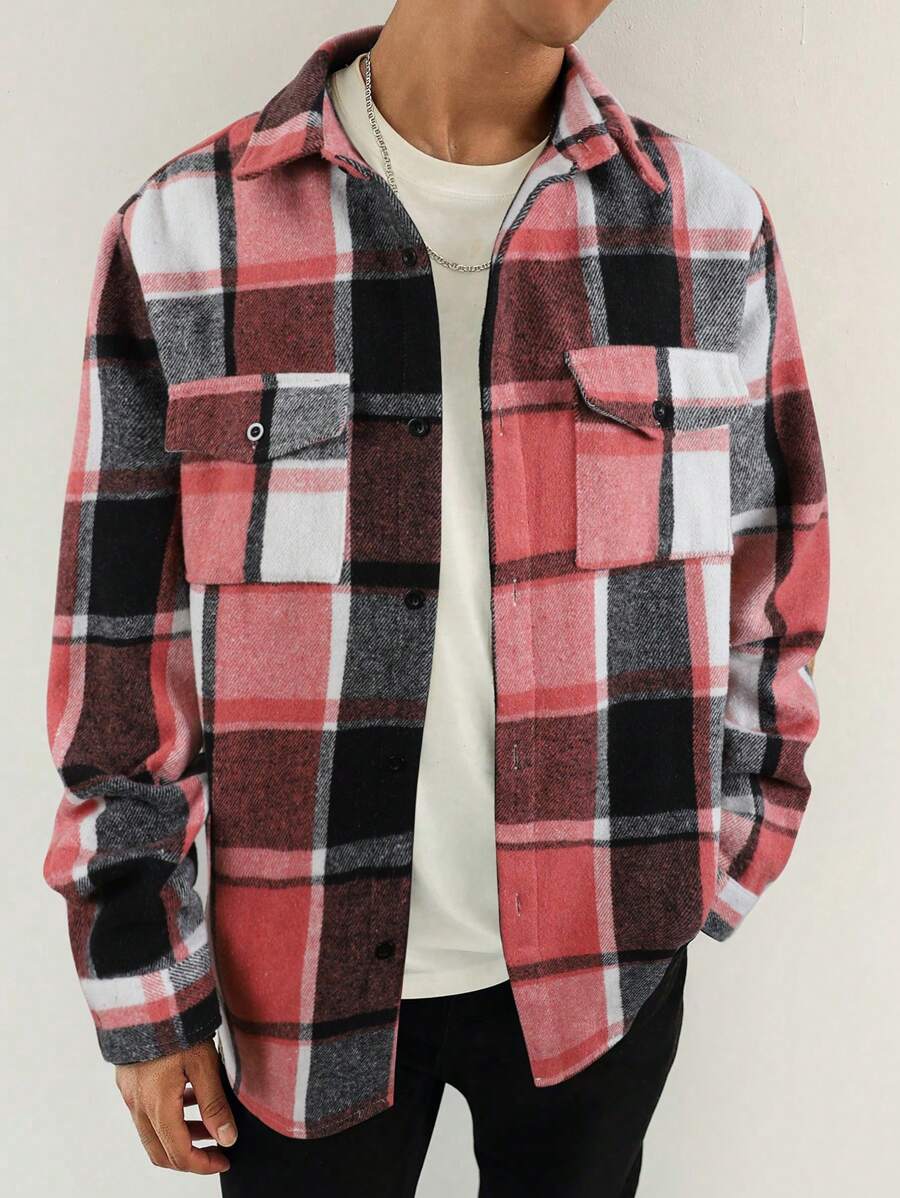 Manfinity Homme Men's Button Front Long Sleeve Plaid Shacket, Casual Daily Wear, Fall, Warm - Multicolor - View 1