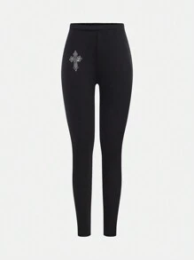 SHEIN Tween Girl Casual Minimalist Comfortable Rhinestone Decor Mid-Waist Versatile Leggings - Black - View 4