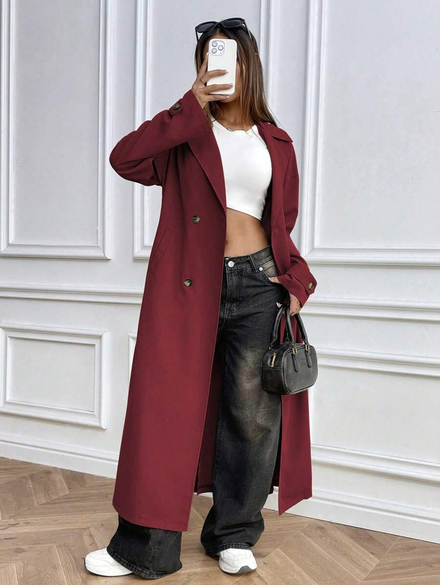 EMERY ROSE Áo khoác dài tay đơn sắc, cài hai hàng khuy, có túi, thường ngày dành cho nữ, thời trang năm mới - Đỏ - Xem 1