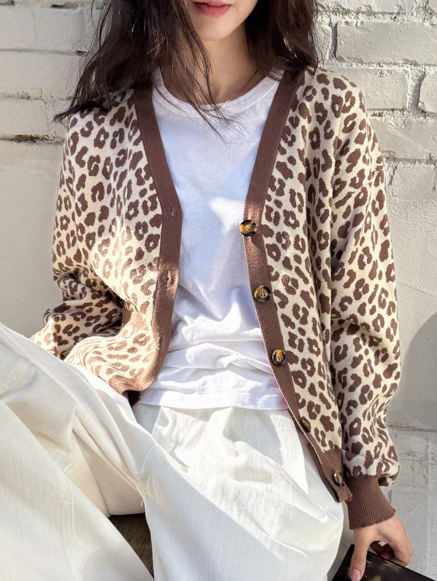 DAZY 女式豹纹落肩长袖单排扣休闲开衫，秋冬猎豹印花，秋季女装