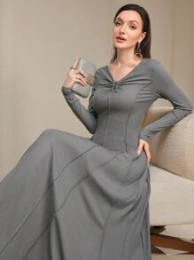 Feyla 女士优雅收腰纯色长裙，秋季