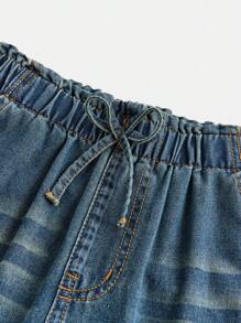 SHEIN Girls Loose Elastic Waist With Bow Straight Leg Jeans, Blue