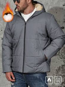 Manfinity Homme 男士加大码前拉链长袖口袋简约休闲连帽羽绒服，秋冬款 - 淺灰色 - 查看 4