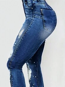 Women's Pearl Jeans, High Waisted Stretch Ripped Distressed Denim Pants,Flared Jeans For Women - Rửa tối - Xem 4