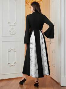 Modelyn Women's Solid Color V-Neck Patchwork Long Sleeve Casual Long Dress Long Evening Dresses - Black - View 2