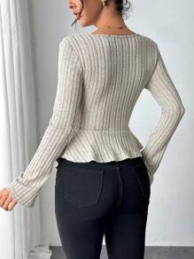 Calvaya Vintage asymmetrische hals, getextureerde split, geplooide afwerking, aansluitend T-shirt met lange mouwen