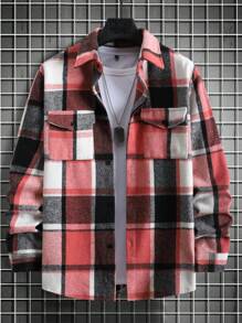 Manfinity Homme Men's Button Front Long Sleeve Plaid Shacket, Casual Daily Wear, Fall, Warm - Multicolor - View 4