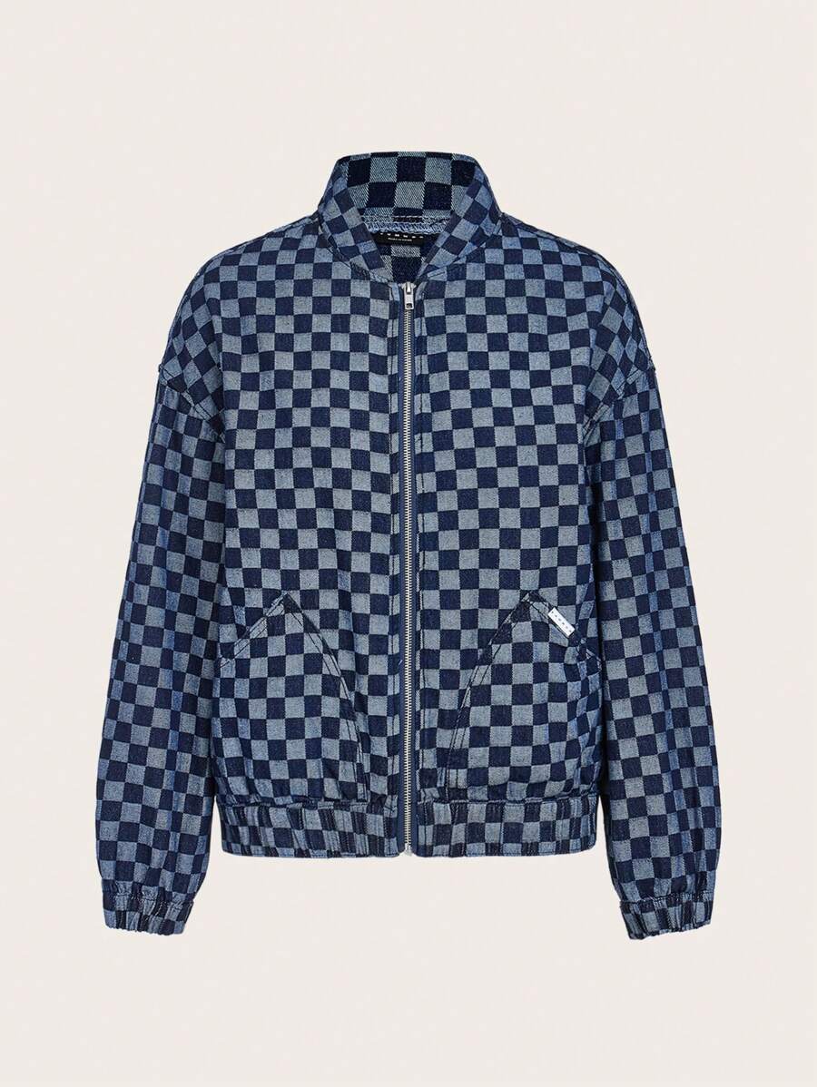 SUMWON WOMEN Street Check Zip Through Denim Bomber Jacket - Blue - View 1