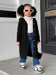 Young Girl Loose Fit Hooded Long Cardigan Sweater - Black - View 3