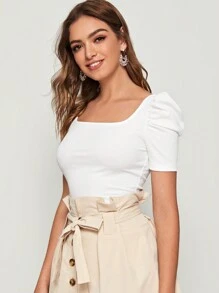 SHEIN Privé 方形領泡泡袖合身t恤