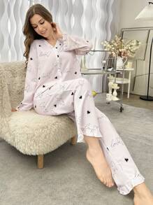 Women Heart Print Long Sleeve Button Up Top And Pants Pajama Set - Pink - View 5
