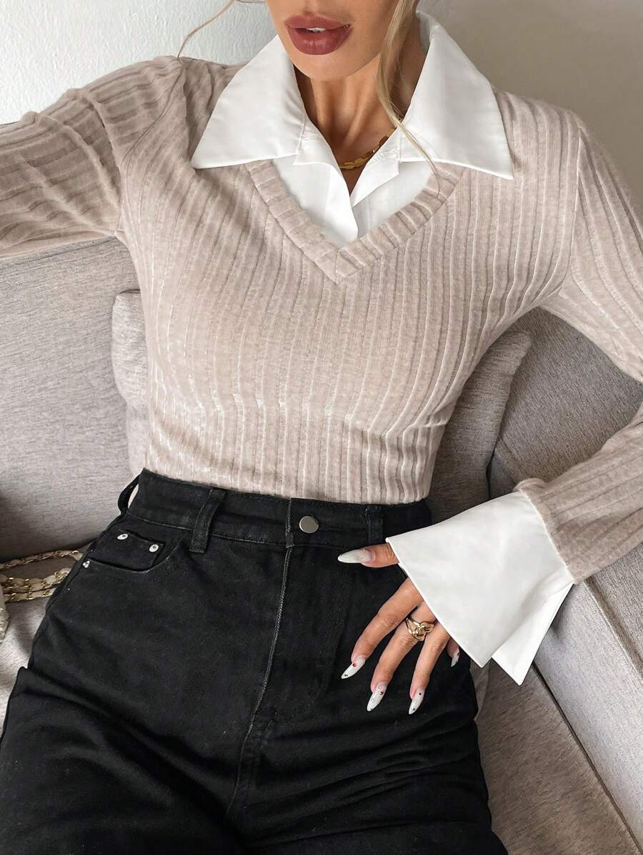 SHEIN Frenchy Women Contrast Color Block Ribbed Ribbed Ribbed Long ...