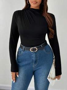 Celure 女式加大码优雅纯色肩部和腰部荷叶边设计长袖 T 恤，百搭时尚，适合秋冬季 - 黑色 - 查看 4