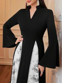Modelyn Women's Solid Color V-Neck Patchwork Long Sleeve Casual Long Dress Long Evening Dresses - Black - View 3