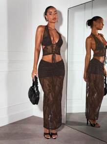 SHEIN BAE Black Sheer Lace Halter Criss-Cross Tie Up Corset, Elegant Festival, Concert, Beach Dress, Low Rise Skirt, Lace Top Set, Sexy And Graceful Party/Afternoon Tea Outfit