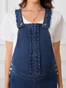 SHEIN Maternity Wide Strap Casual Ruffled Denim Overalls - Dark Wash - View 4