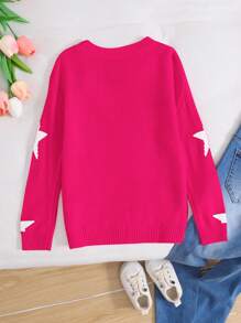 Loose Fit Round Neck Star Pattern Knit Sweater For Young Girl,In Fall/Winter - Hot Pink - View 2