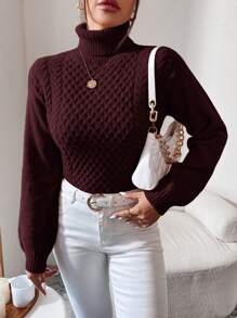 RueChic Sweater Turtleneck Polos Kasual Wanita, Musim Gugur/Dingin - Burgundy - View 3