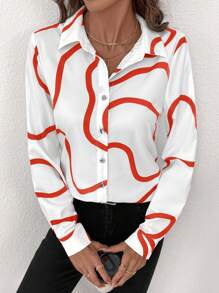 SHEIN Clasi 女式黑白条纹印花前扣长袖休闲通勤衬衫，秋冬 - 玫紅色 - 查看 5