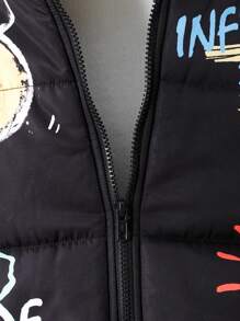 SHEIN Leap Crew Tween Girl 宽松休闲简约舒适立领卡通图案保暖棉服外套，秋冬 - 黑色 - 查看 4