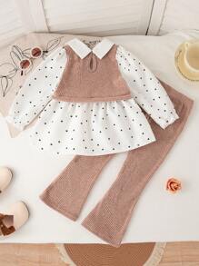 Elladie kids 女童春秋韩版穿搭，白色圆点领衬衫，棕色蝴蝶结针织背心，罗纹针织喇叭裤，简约休闲通勤套装 - 杏色 - 查看 2
