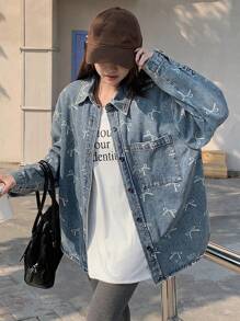 DAZY Women's Casual All-Over Bowknot Denim Jacket, Autumn - Light Wash - View 8