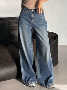 DAZY Damen Lässige weite Bein Jeans aus gewaschenem Denim - Mittele Waschung - Übersicht 1