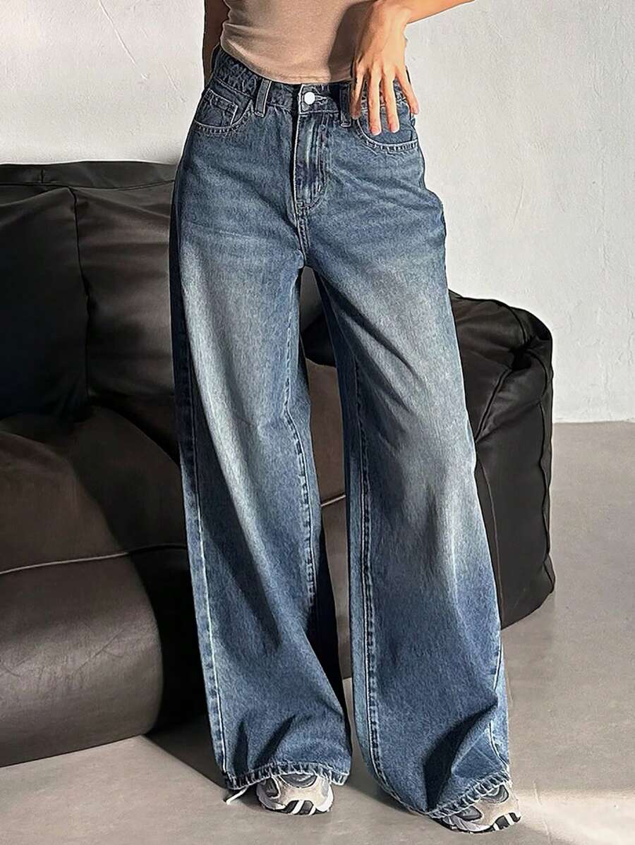 DAZY 女士休闲宽松阔腿洗水牛仔裤 - 中等水洗藍 - 查看 1