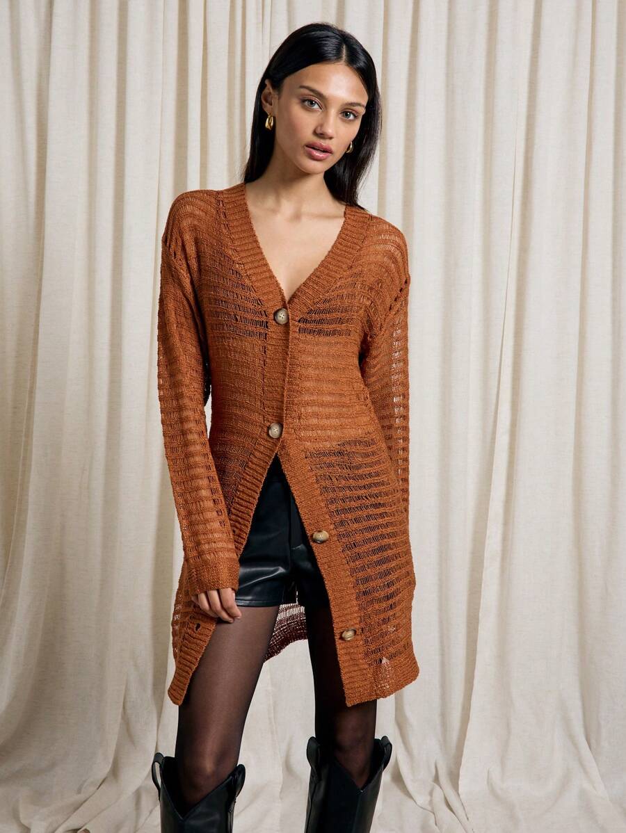 AiiRZ Longline Open Knit Fall Winter Cardigan With Buttons Modern Casual Oversized Knitwear Layering Piece For Autumn