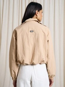 AiiRZ Lightweight Cropped Utility Bomber Jacket Military Fashion Outerwear Spring Fall Zip Front Elasticated Crop Casual Streetwear Athleisure Everyday - Khaki - View 2