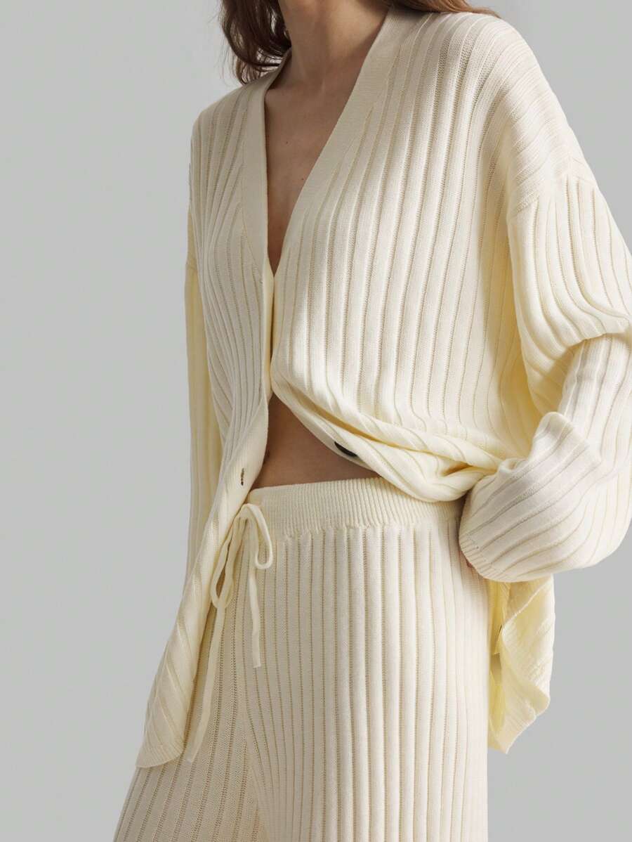 Ontre 2 件套女式撞色纽扣设计法式长袖毛衣上衣，简约风格，适合休闲户外、度假， - 白色 - 查看 1