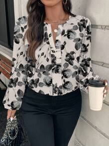 Glamance RITA PIRES PATTERN Plus size kvinnor Elegant romantiskt konstnärligt tryck långärmad blus, för semester, nyår, semester, vår, strand, festival - Multifärgad - Visa 4