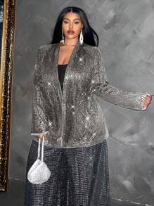 Maweii Plus Size Women Beaded Sequins Lapel Long Sleeve Elegant Party Blazer Jacket For New Year Holiday Party Clothes - Silver - View 5