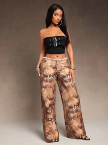 SHEIN SXY 新年优雅性感夜店必备情人节卡其棕色扎染蛇纹编织斜纹面料超低腰带带拉丝边缘和真口袋 - 彩色 - 查看 4