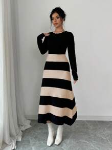 Elenzga Women's Colorblock Stripe Knit Sweater Dress For Winter - Apricot - View 3