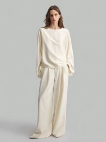 Ontre Nuevos lanzamientos de primavera de 2025 de prendas de vestir para mujer, blusa de cuello barco con puño acampanado de material de satén, camisa elegante casual y de negocios, color albaricoque