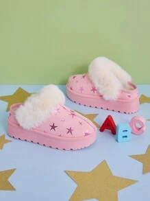 Mini mi Bestseller Fuzzy Star-Print Kids' Pink Platform Slippers – Playful, Cozy Design Perfect For Holiday Fun - Pink - View 2