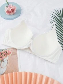 Lace Patchwork Solid Seamless Bra With Underwire Thin Cup, Comfortable Cleavage Lift - White - View 8
