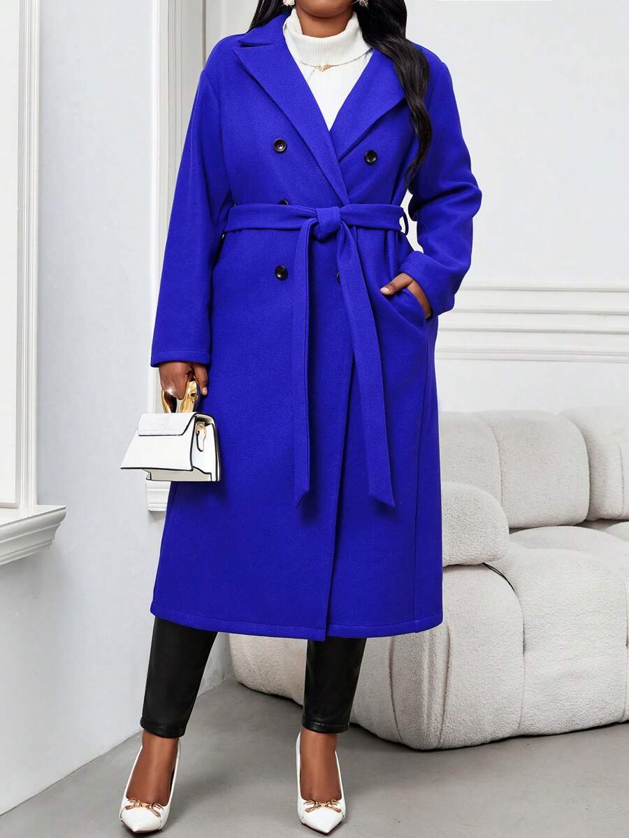 SHEIN Lady Áo khoác ngoài dài tay cỡ lớn màu đỏ dệt kim thanh lịch mùa thu đông Áo khoác ngoài dài tay cỡ lớn màu xanh lam ve áo dệt kim thanh lịch cài nút phía trước Áo khoác ngoài dài tay cỡ lớn màu xanh lam áo khoác mùa đông cho nữ - Màu xanh lam - Xem 1