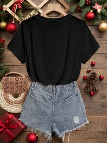 SHEIN LUNE Áo thun tay ngắn cổ tròn in hình khẩu hiệu mừng năm mới 2025 cỡ lớn cho nữ, Áo thun họa tiết năm mới cho nữ - màu đen - Xem 2