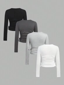 SHEIN Girlism 4 件套 Tween 女童休闲运动褶皱立领紧身长袖 T 恤