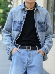 Manfinity Homme Men's Casual Autumn Double Pocket Washed Denim Shirt - Blue - View 6