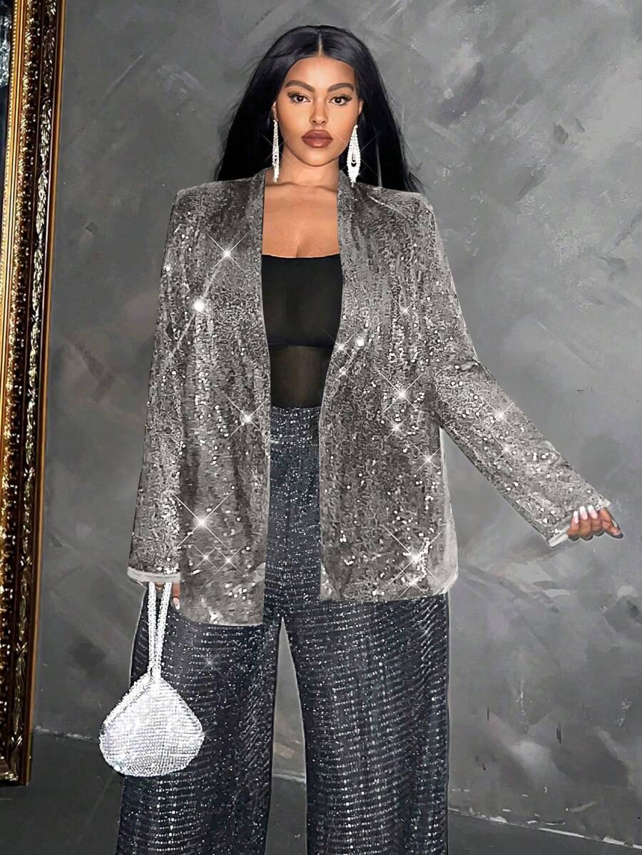 Maweii Plus Size Women Beaded Sequins Lapel Long Sleeve Elegant Party Blazer Jacket For New Year Holiday Party Clothes - Silver - View 1