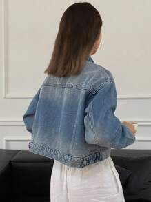 DAZY 做旧水洗宽松翻领长袖褪色女式牛仔夹克和外套 - 藍色 - 查看 2
