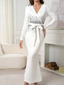 Modelyn Vestido elegante de mujer con acento de strass con cola de pez, vestido largo de noche de otoño - Blanco - Ver 1