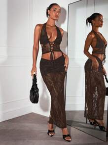 SHEIN BAE Black Sheer Lace Halter Criss-Cross Tie Up Corset, Elegant Festival, Concert, Beach Dress, Low Rise Skirt, Lace Top Set, Sexy And Graceful Party/Afternoon Tea Outfit