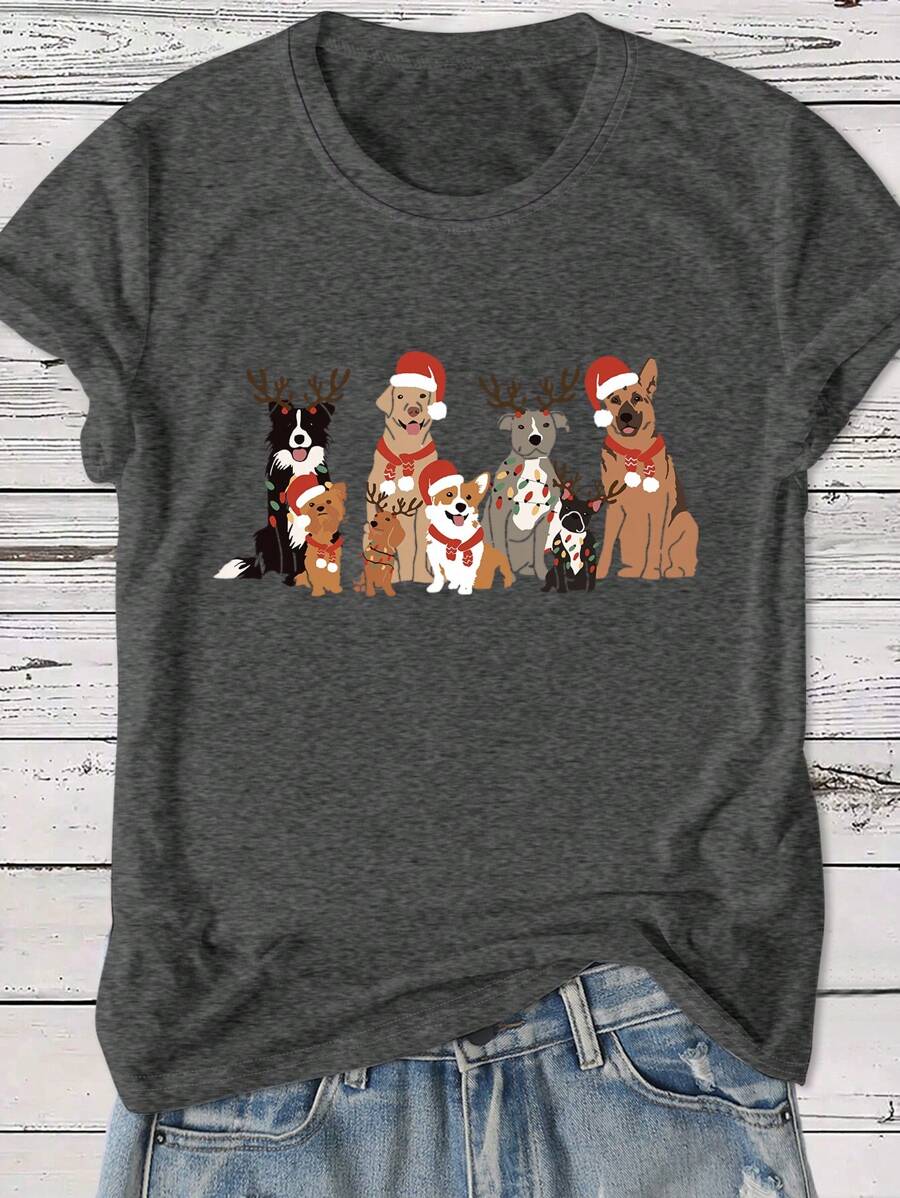 Plus Size Cute Dog Print Casual Short Sleeve T-Shirt For Christmas Graphic Tees Women Tops - Dark Grey - View 1