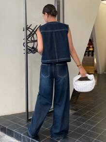 Livesso Women's Casual Denim Vest And Wide Leg Jeans Set - Dark Wash - View 5
