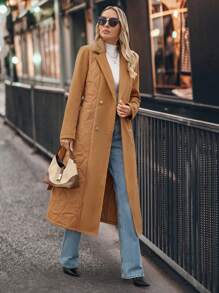 SHEIN LUNE Abrigo casual de invierno para mujer de unicolor, con cuello de solapa, doble botonadura y relleno, para otoño